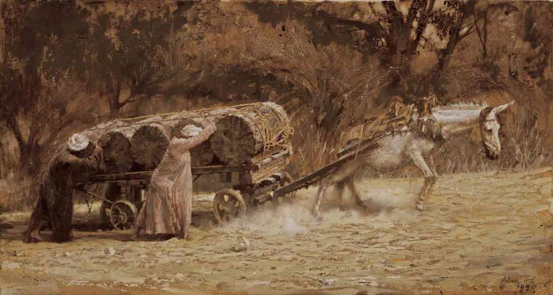 Burro Pulling Logs at Aswan, by Clark Hulings