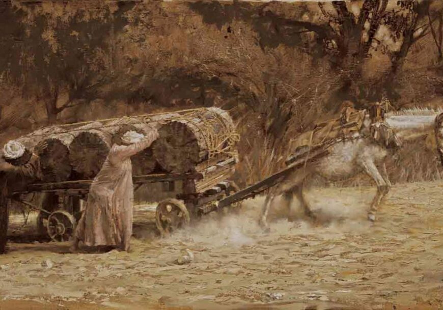 Burro Pulling Logs at Aswan, by Clark Hulings