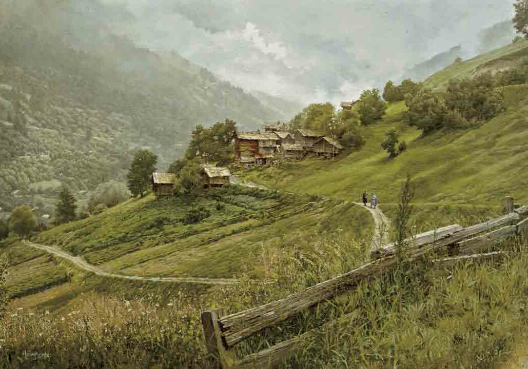 Cerise Swiss Village Near Sion, by Clark Hulings